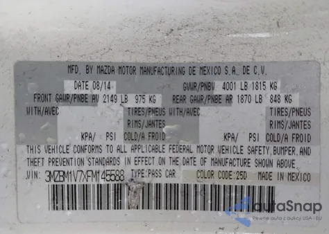 2015 Mazda Mazda3 I Touring z USA, uszkodzony, nr VIN 3MZBM1V7XFM145588